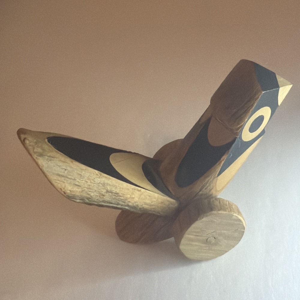 Kishima Japanese Wooden Click Clack Bird Toy on wheels signed Japan Folk Art - Picture 7 of 16